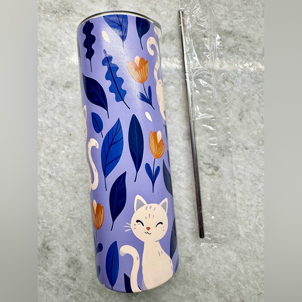 New White Cat w/ Flowers Purple Stainless Steel Metal Travel Cup Tumbler - 20oz - Picture 7 of 9